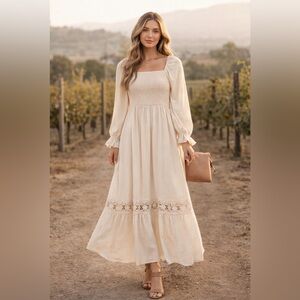 ZESICA Boho Long Sleeve Square Neck Smocked Maxi Dress ~Apricot~Size 4/6 ~ NWOT